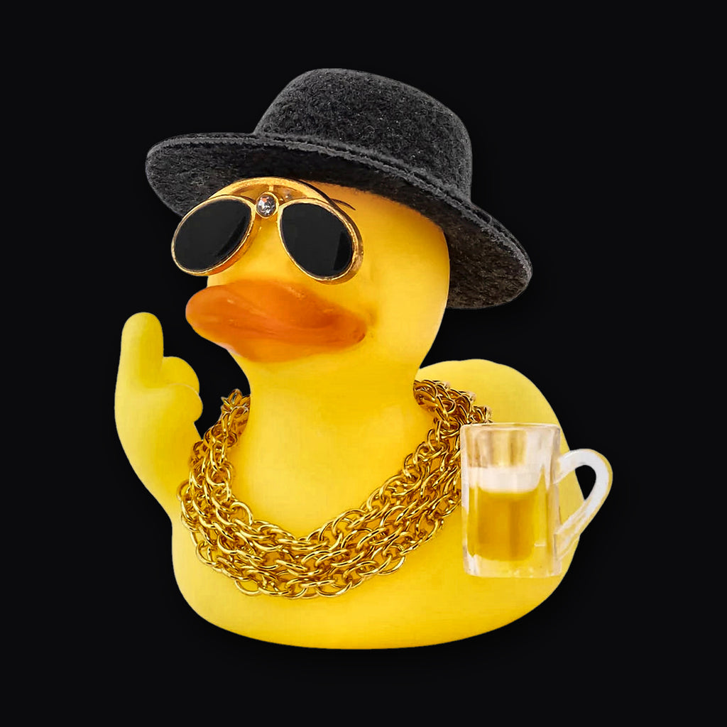 Boss Duck, a yellow rubber duck with black hat, sunglasses, gold chains and a tiny beer mug