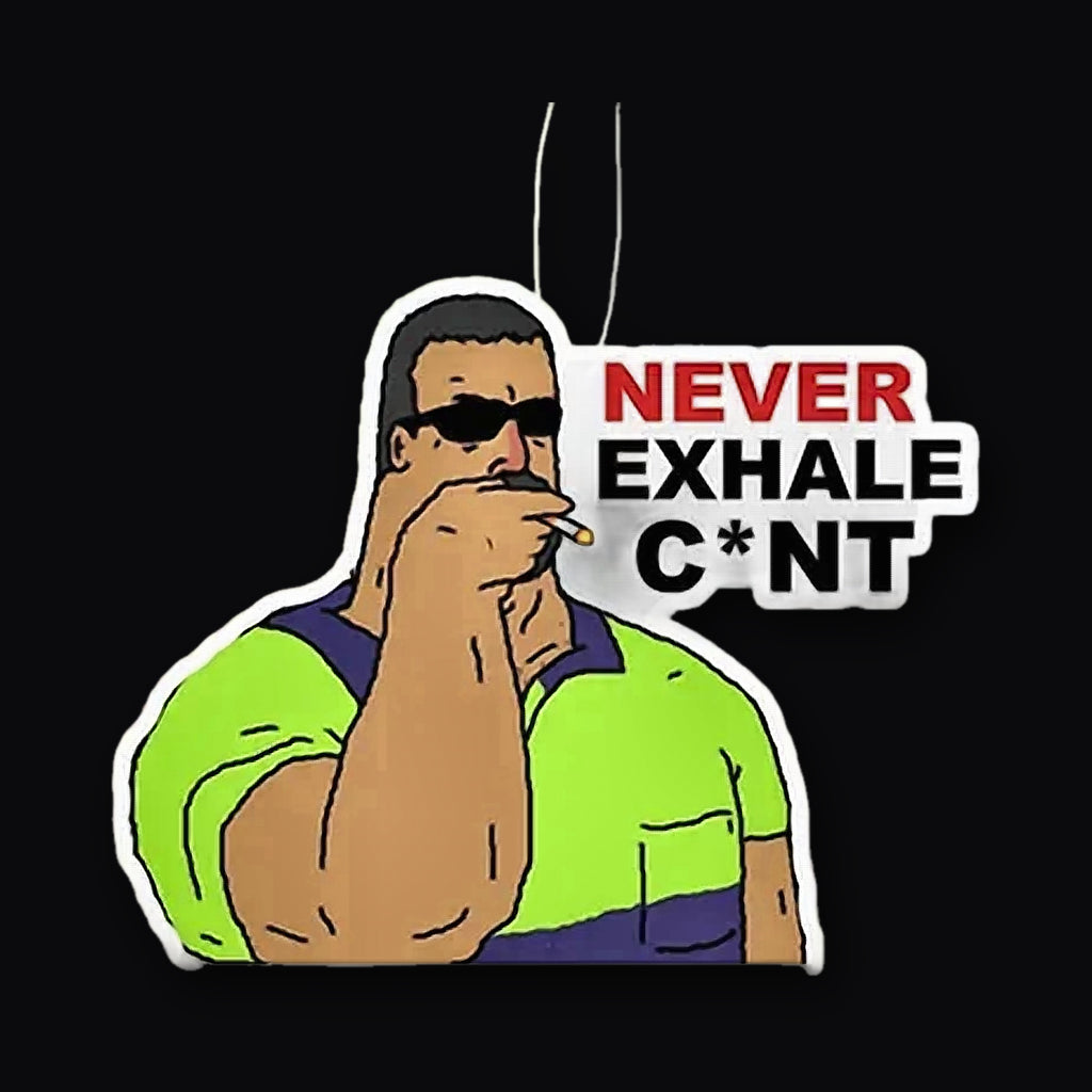 Never Exhale Air Freshener hanging from the mirror on its stretch cord