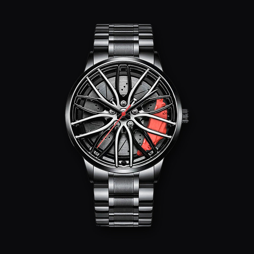 Alloy wheel dial watch, Red Mesh design on black steel bracelet