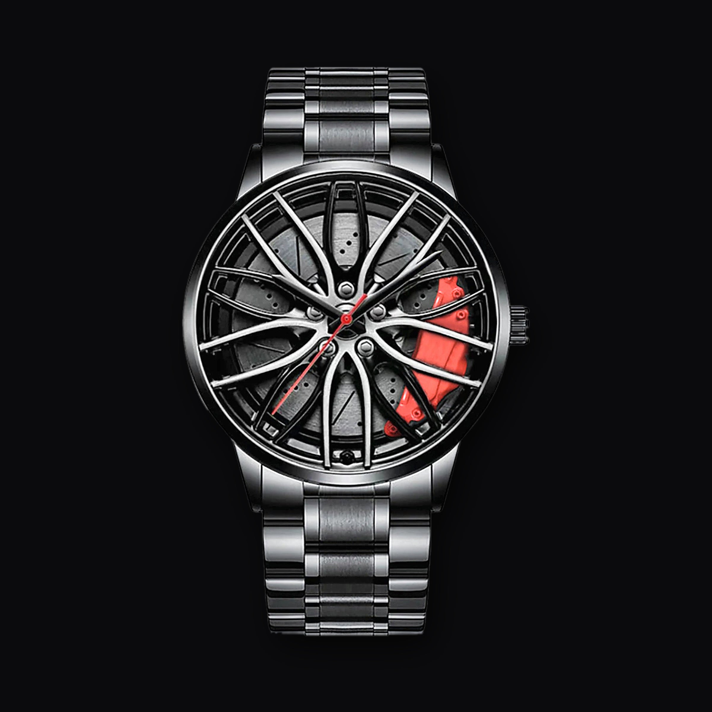 Alloy wheel dial watch, Red Mesh design on black steel bracelet