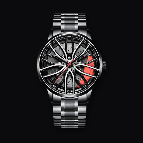 Alloy wheel dial watch, Red Mesh design on black steel bracelet
