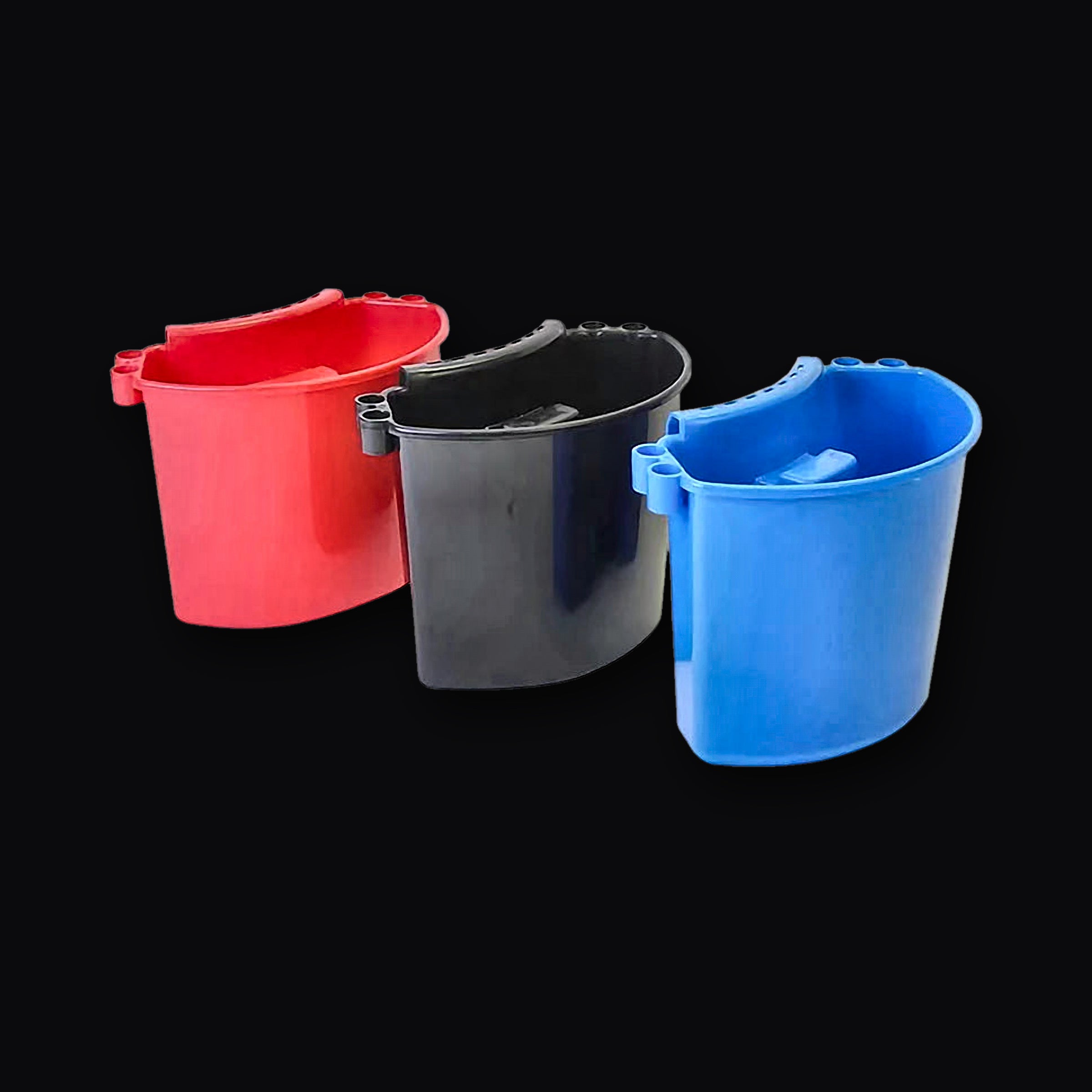 Bucket Organizer caddies in black, red and blue
