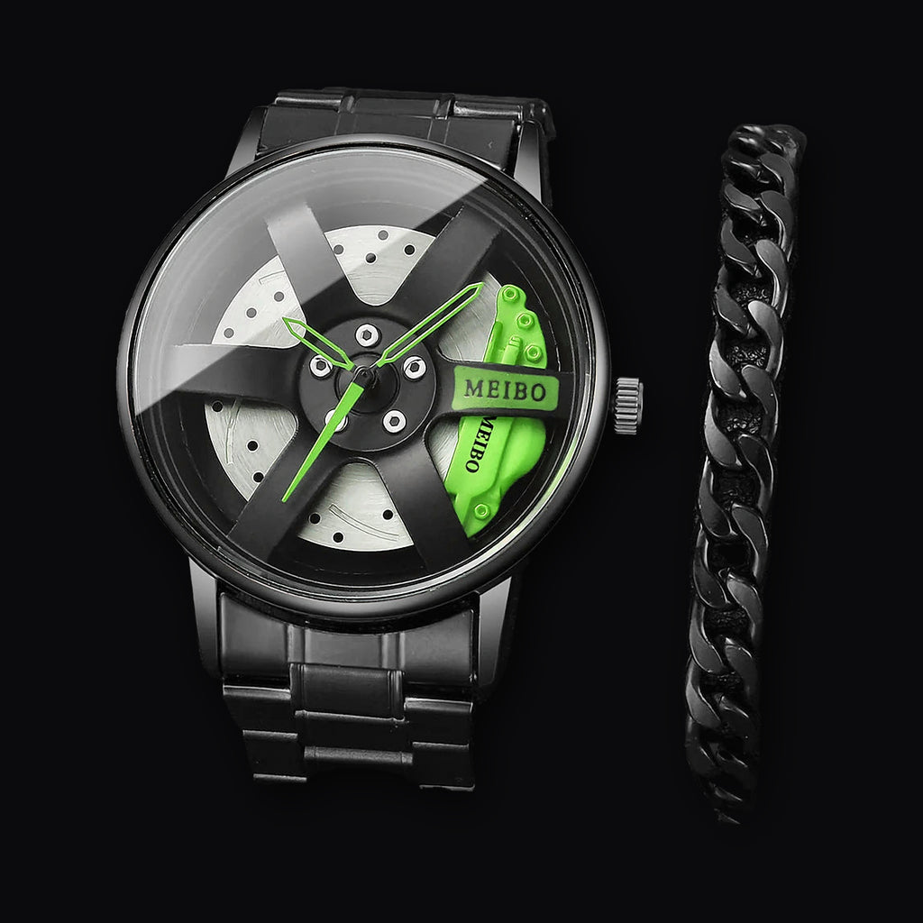 Caliper Duo watch with green caliper next to the curb chain bracelet