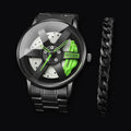 Caliper Duo watch with green caliper next to the curb chain bracelet