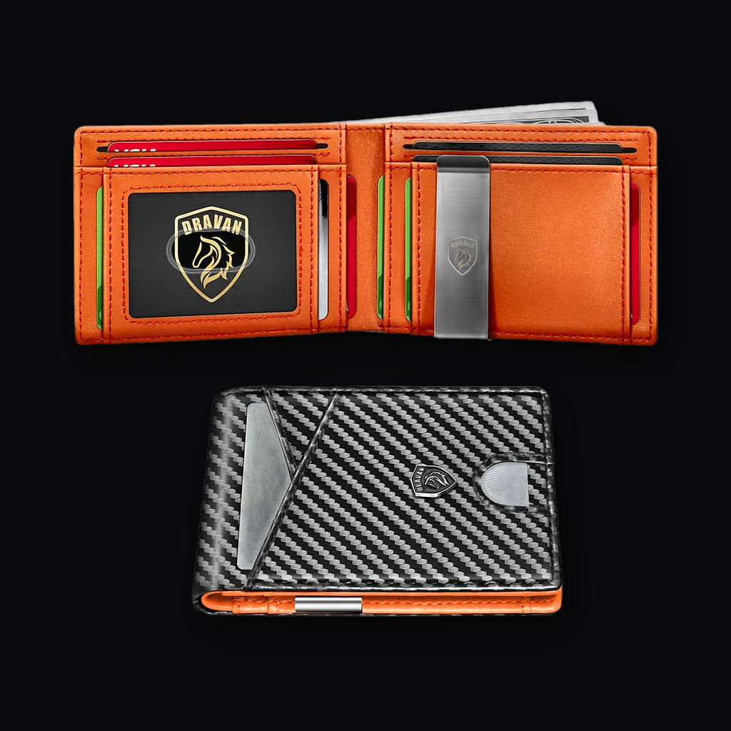 Carbon Coin Wallet open showing card slots and money clip