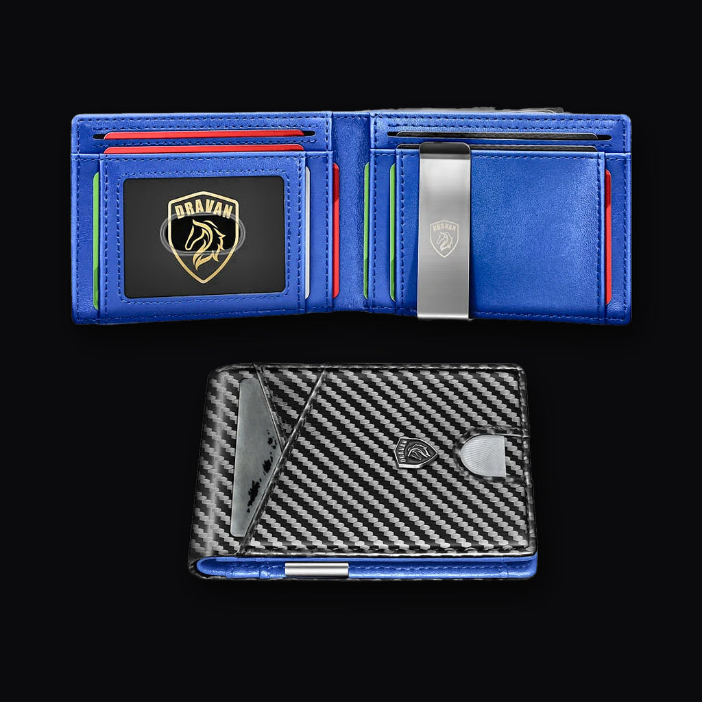 Carbon Coin Wallet in carbon blue, open and closed