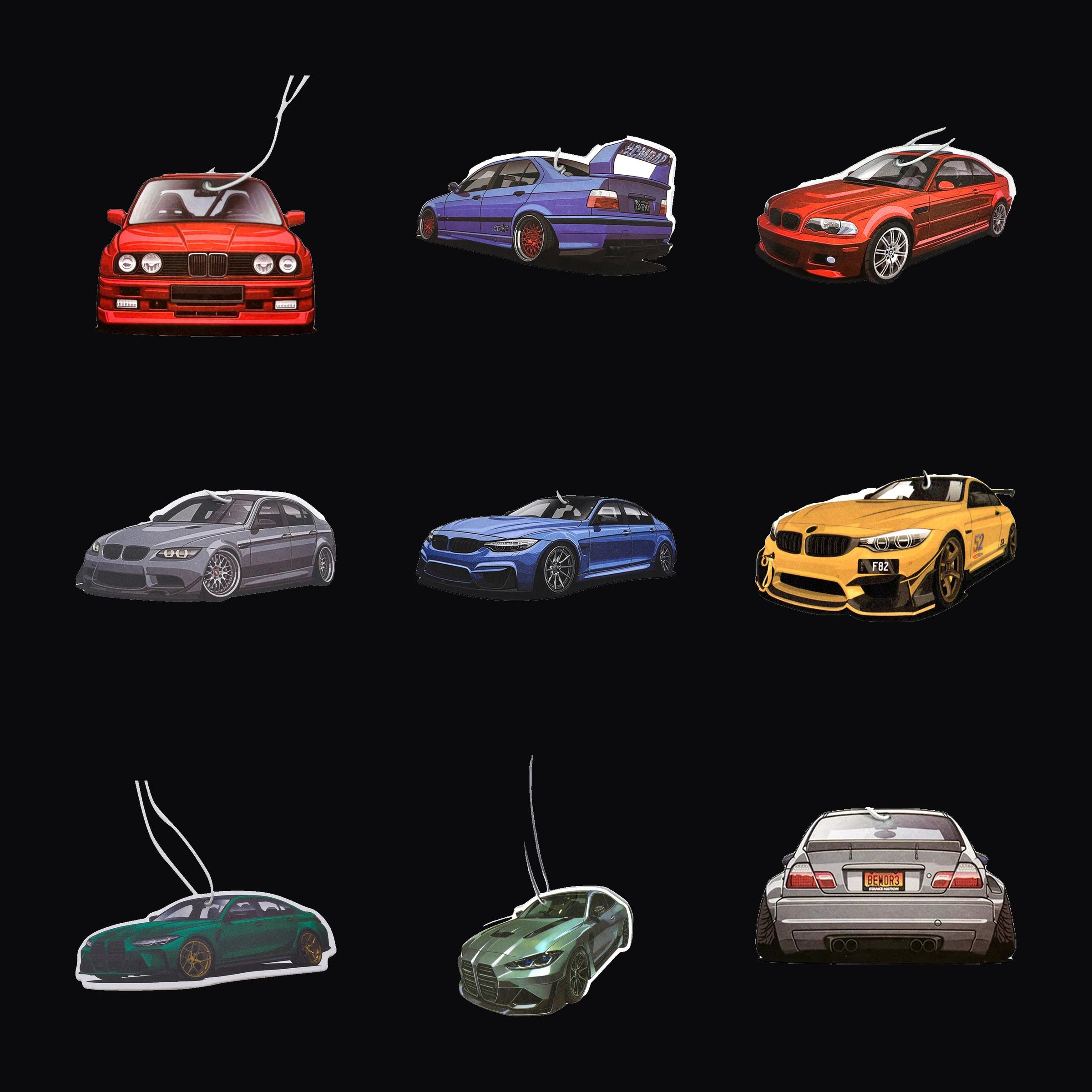 Nine of the twenty seven Chassis Code Air Freshener designs shown together, E30 through G82