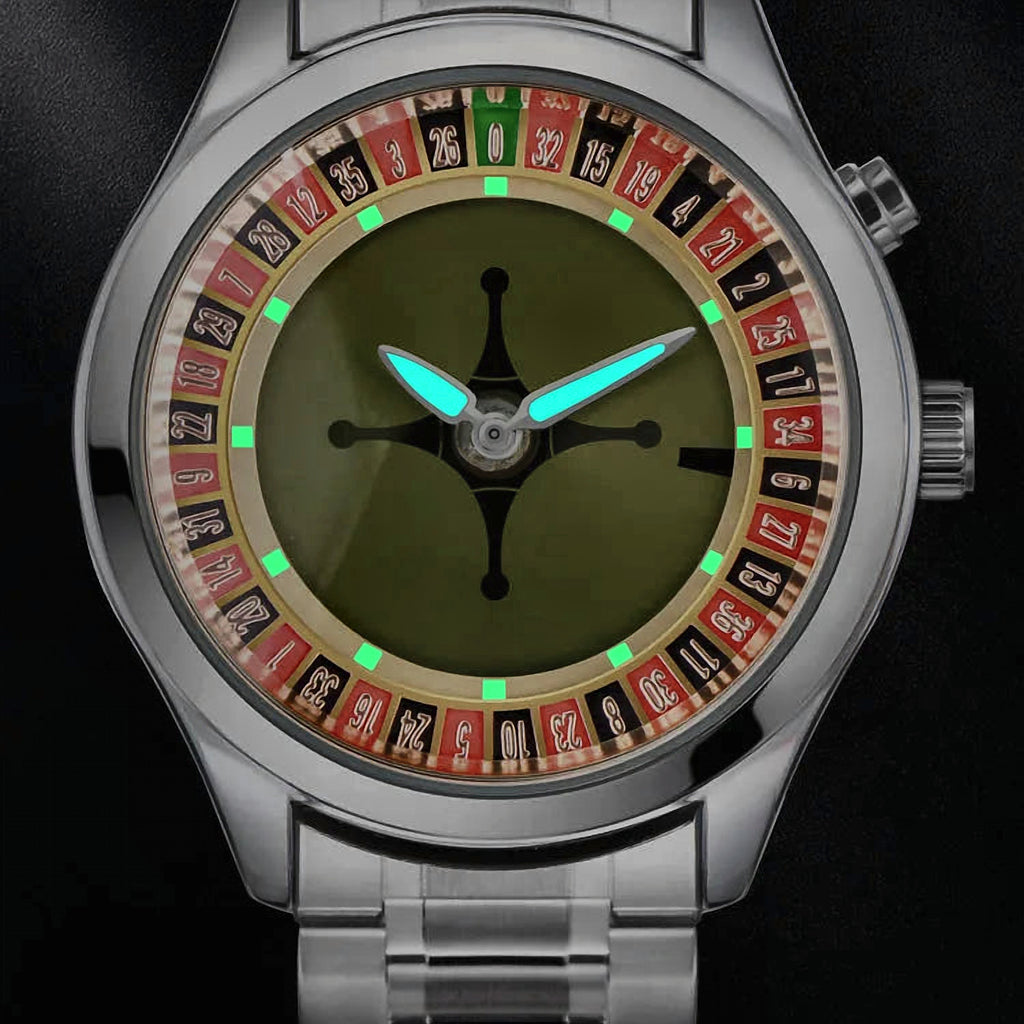 Croupier watch in the dark with luminous hands and markers glowing