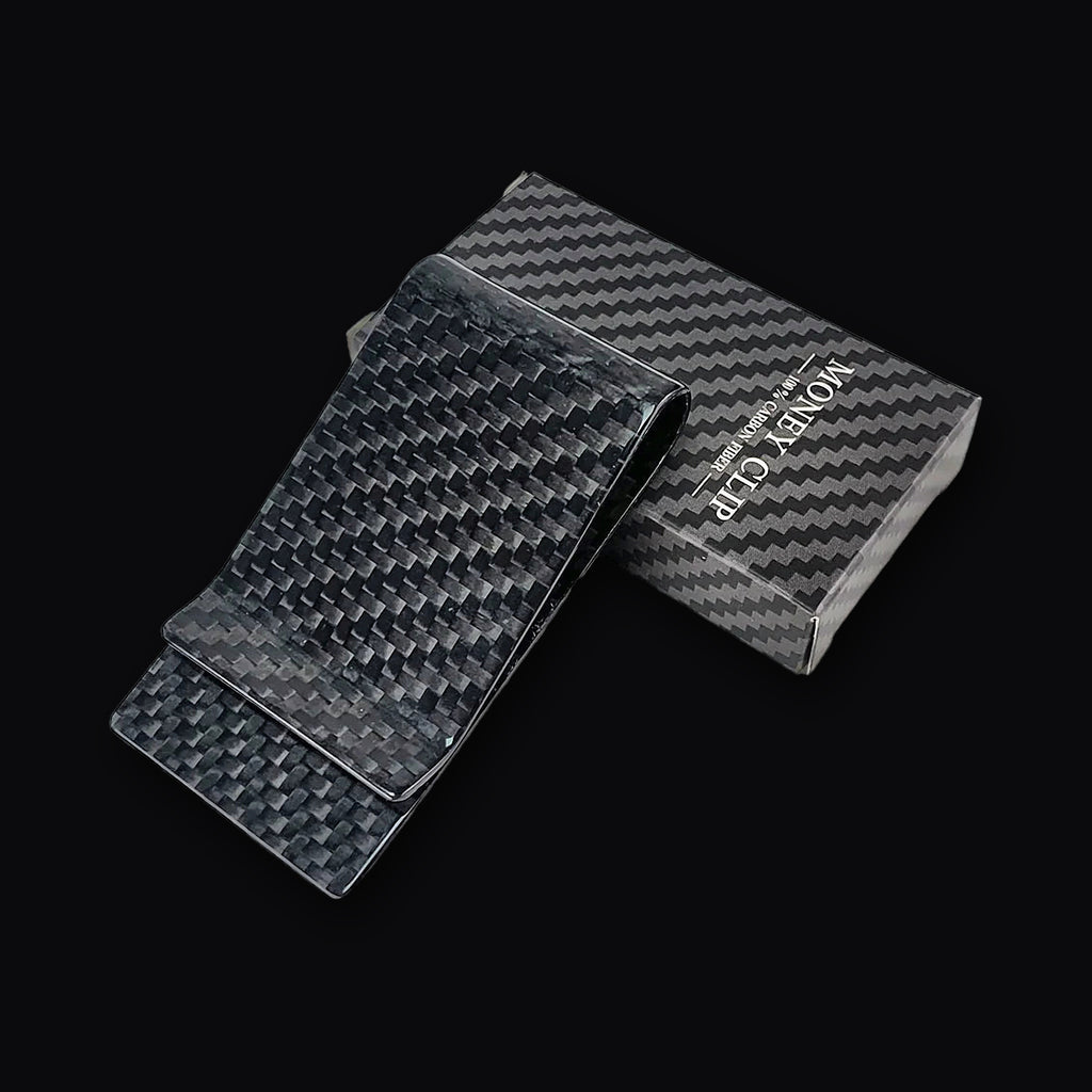 Forged Money Clip, two twill carbon money clips with engraved lettering