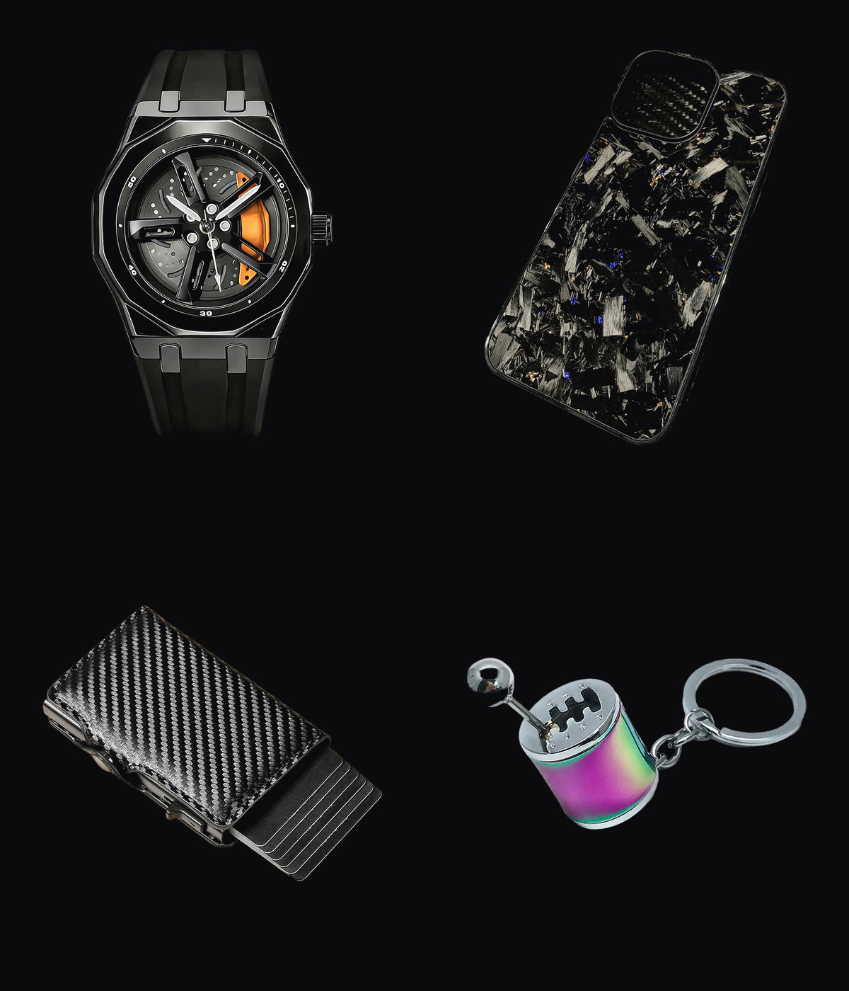 Apex Chrono watch, forged carbon case, carbon card holder and shifter keyring