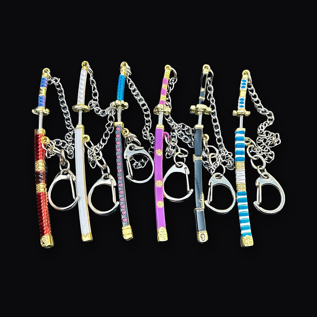 All six katana keyring colours with sheaths and chains