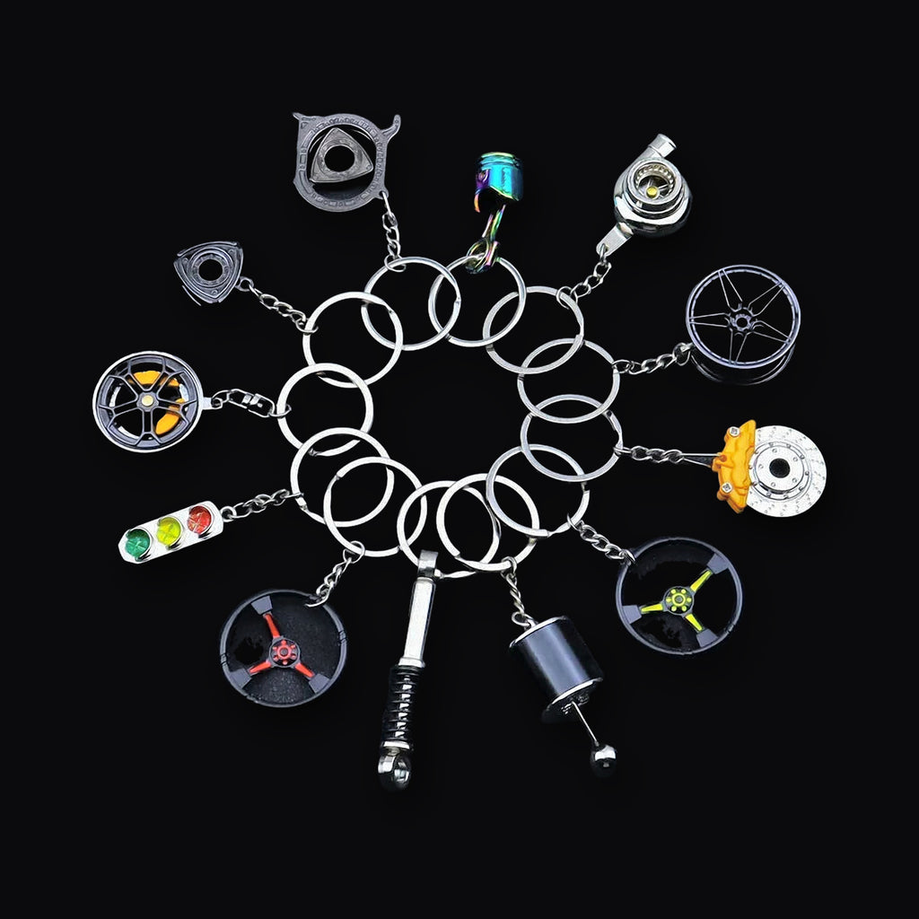 Parts Keyring, twelve miniature car part keyrings arranged in a circle