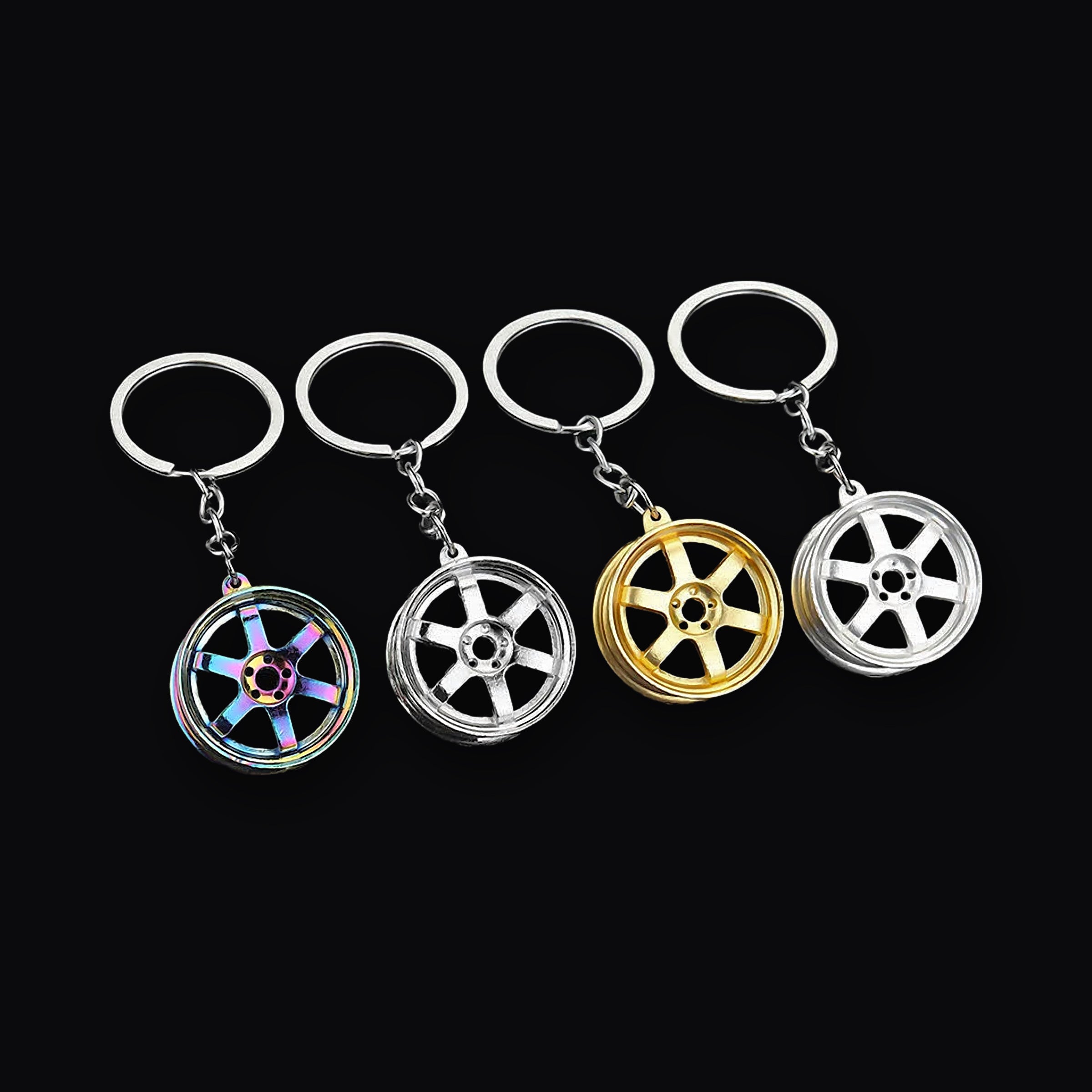 Gear Head Keyring, four alloy wheel keyrings in a row