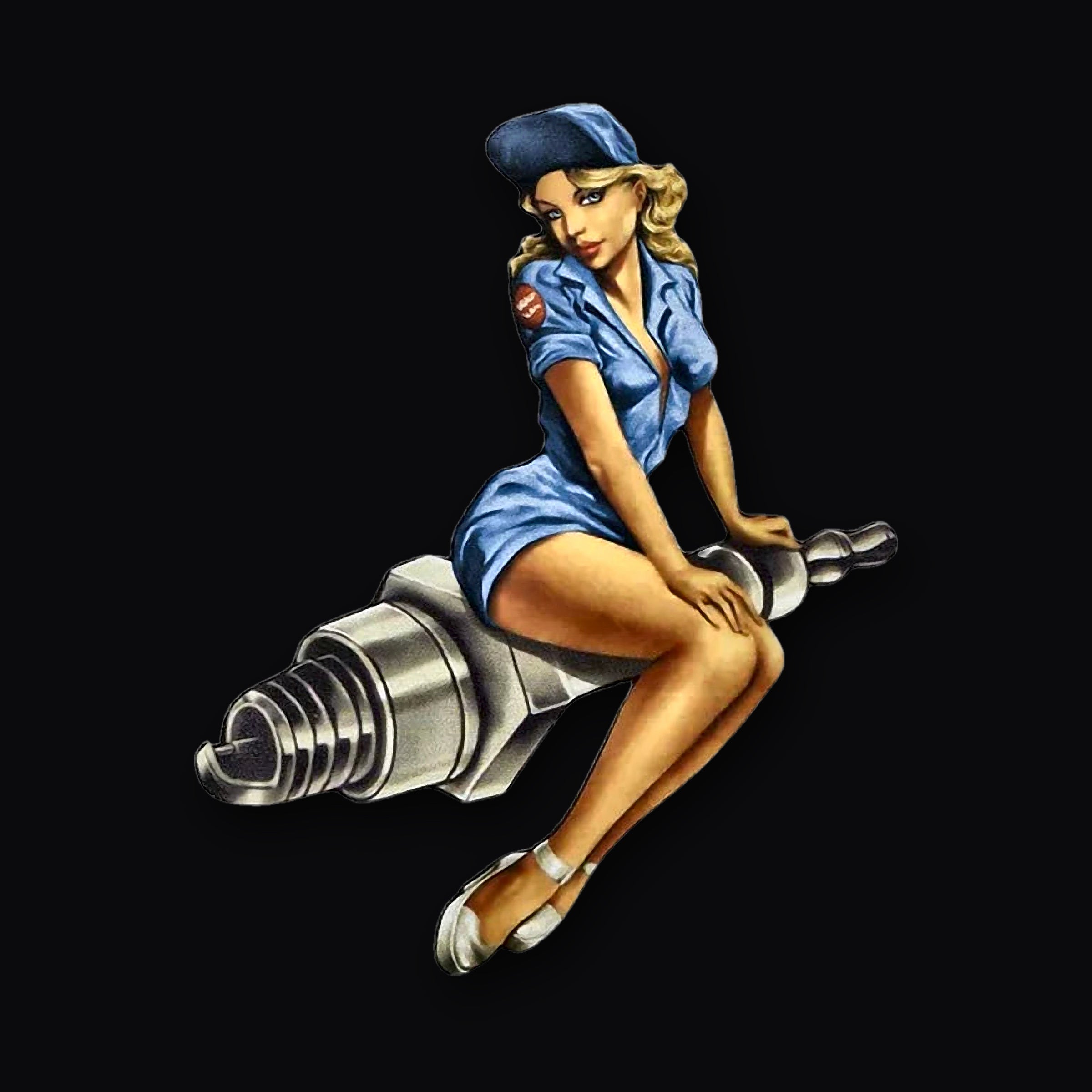 Pin Up Plug Decal, Blue Overalls artwork