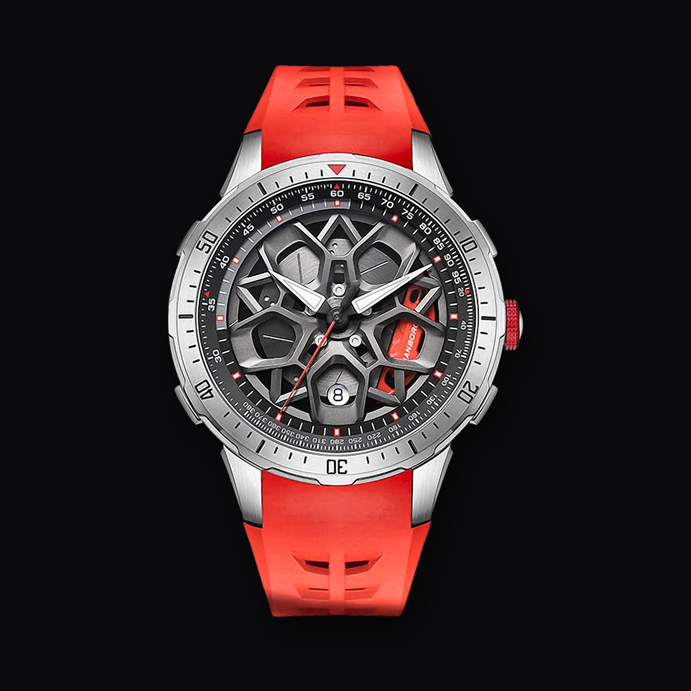 HANBORO Caliper Automatic, red strap on steel case