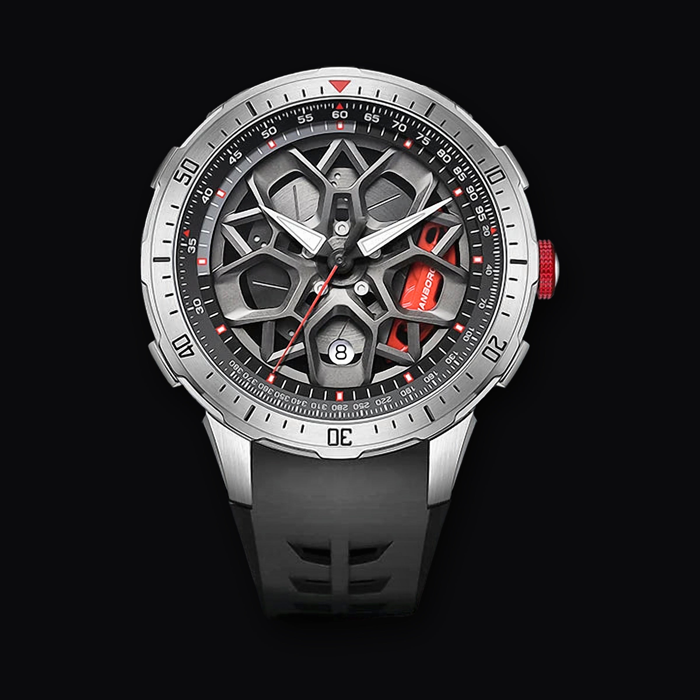 HANBORO Caliper Automatic, black strap on steel case, red caliper