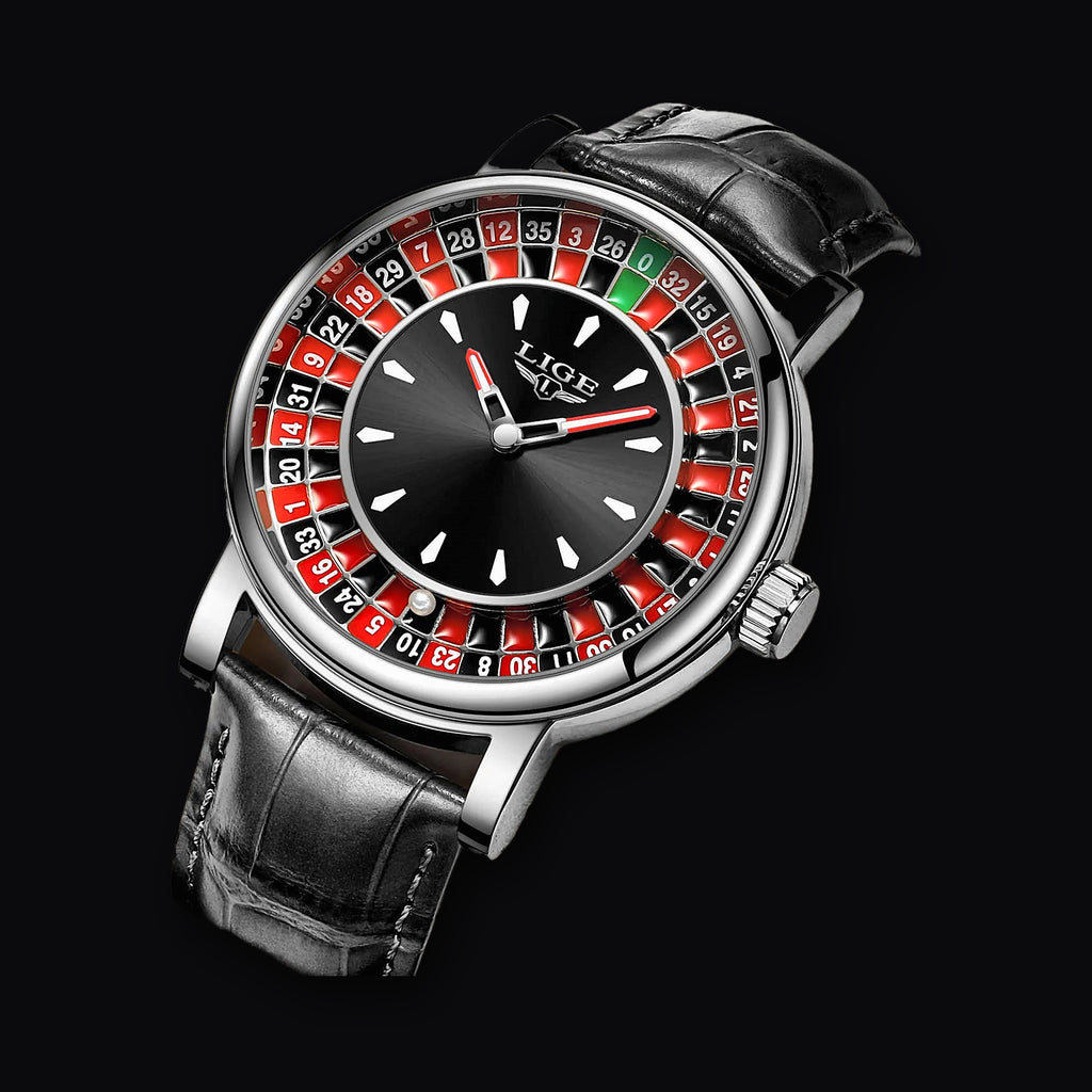 LIGE Roulette Watch, silver on black leather