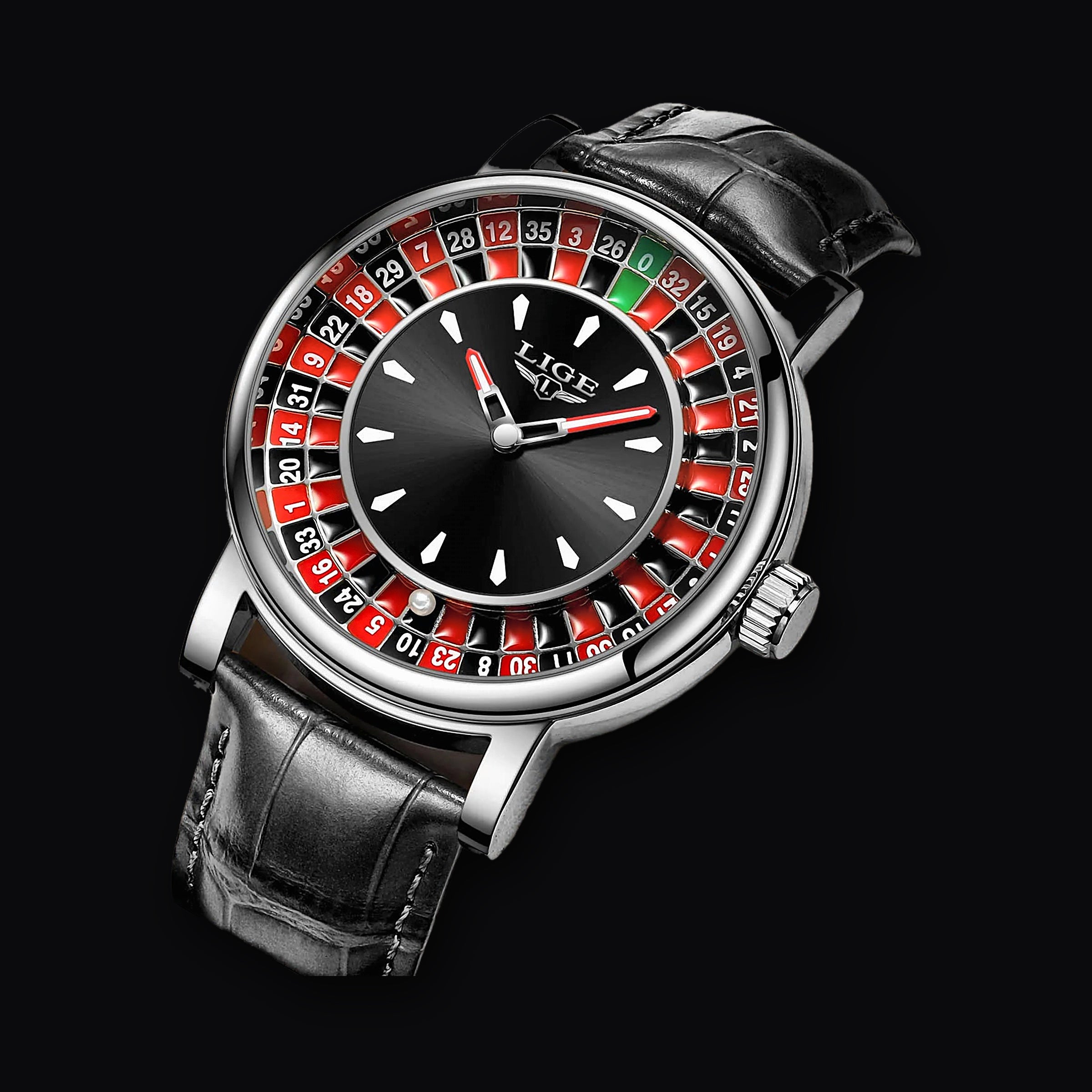 LIGE Roulette Watch, silver on black leather