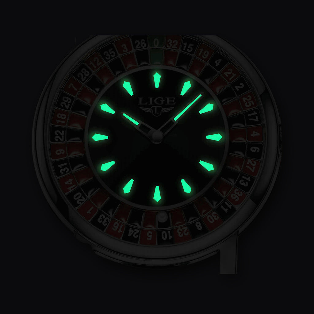 LIGE Roulette Watch lume, glowing hands and markers
