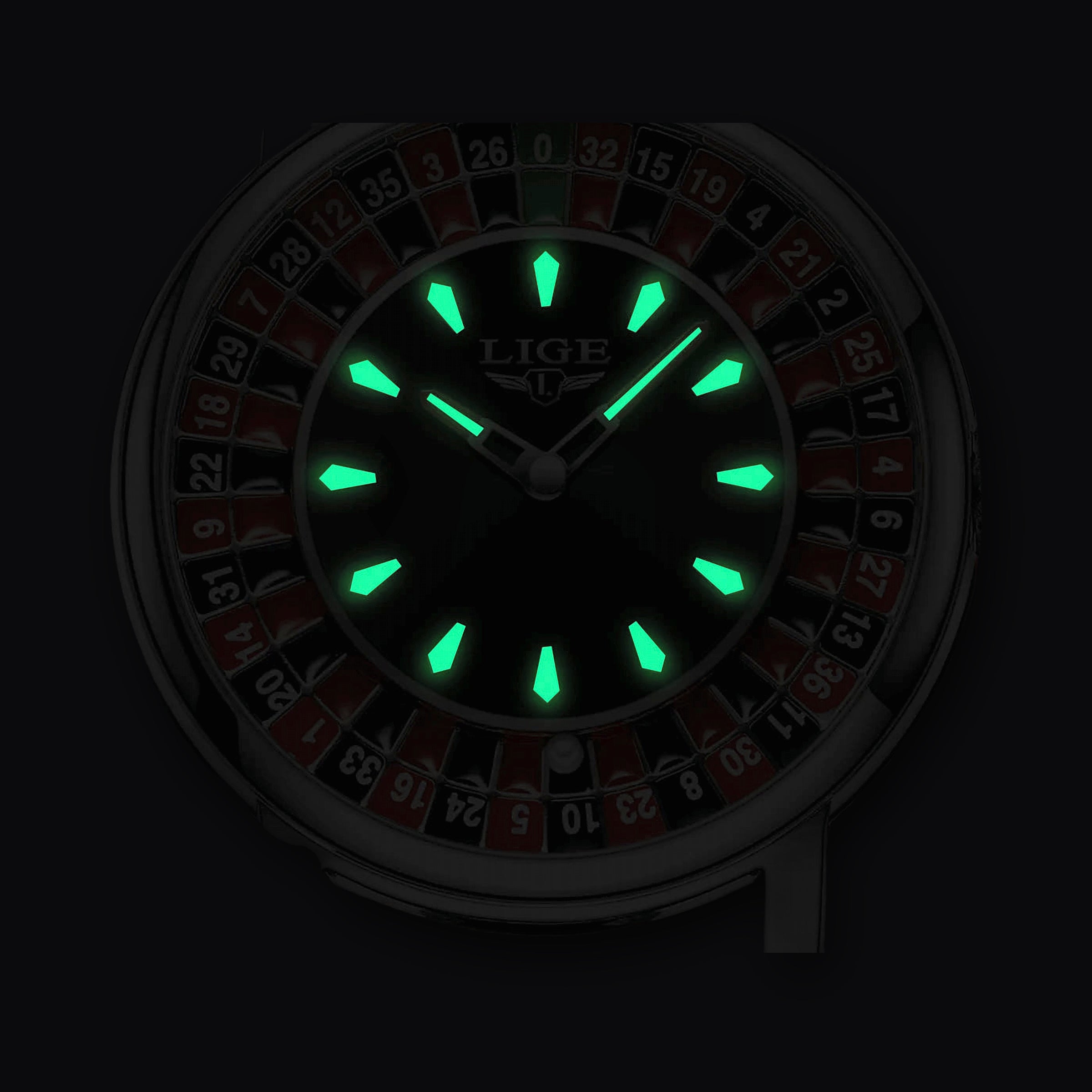 LIGE Roulette Watch lume, glowing hands and markers