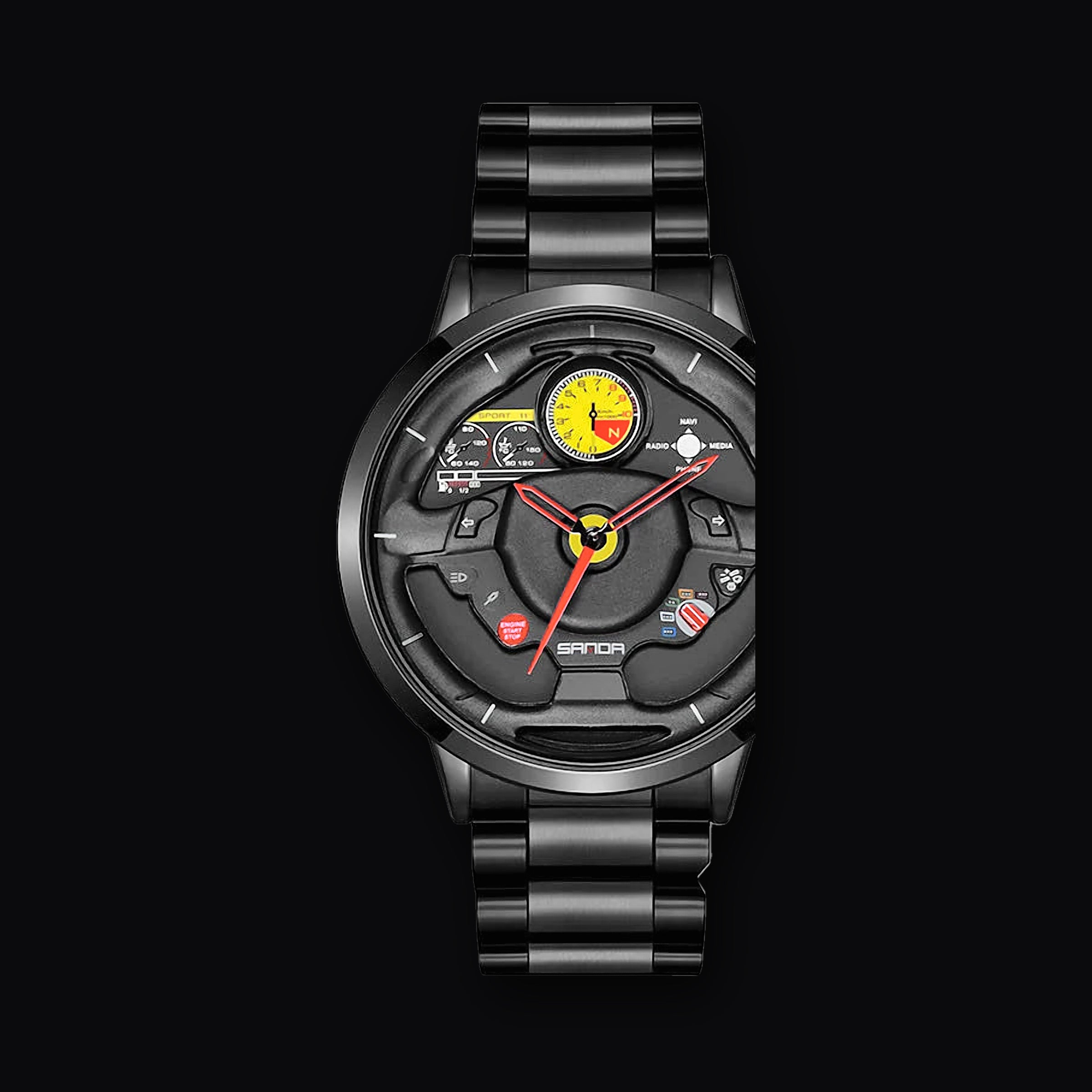 SANDA Cockpit Watch, steel black, steering wheel dial on black