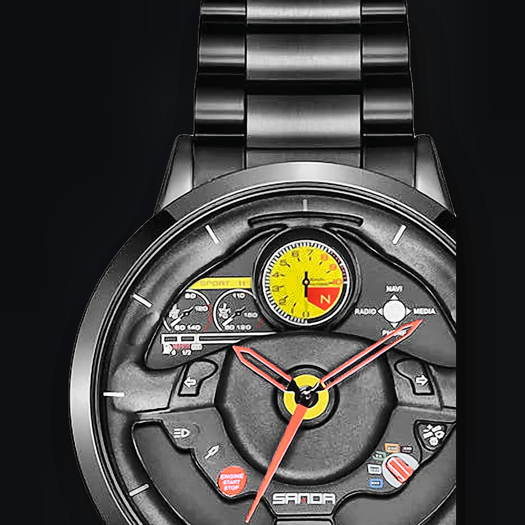 SANDA Cockpit Watch dial detail, wheel and instrument cluster