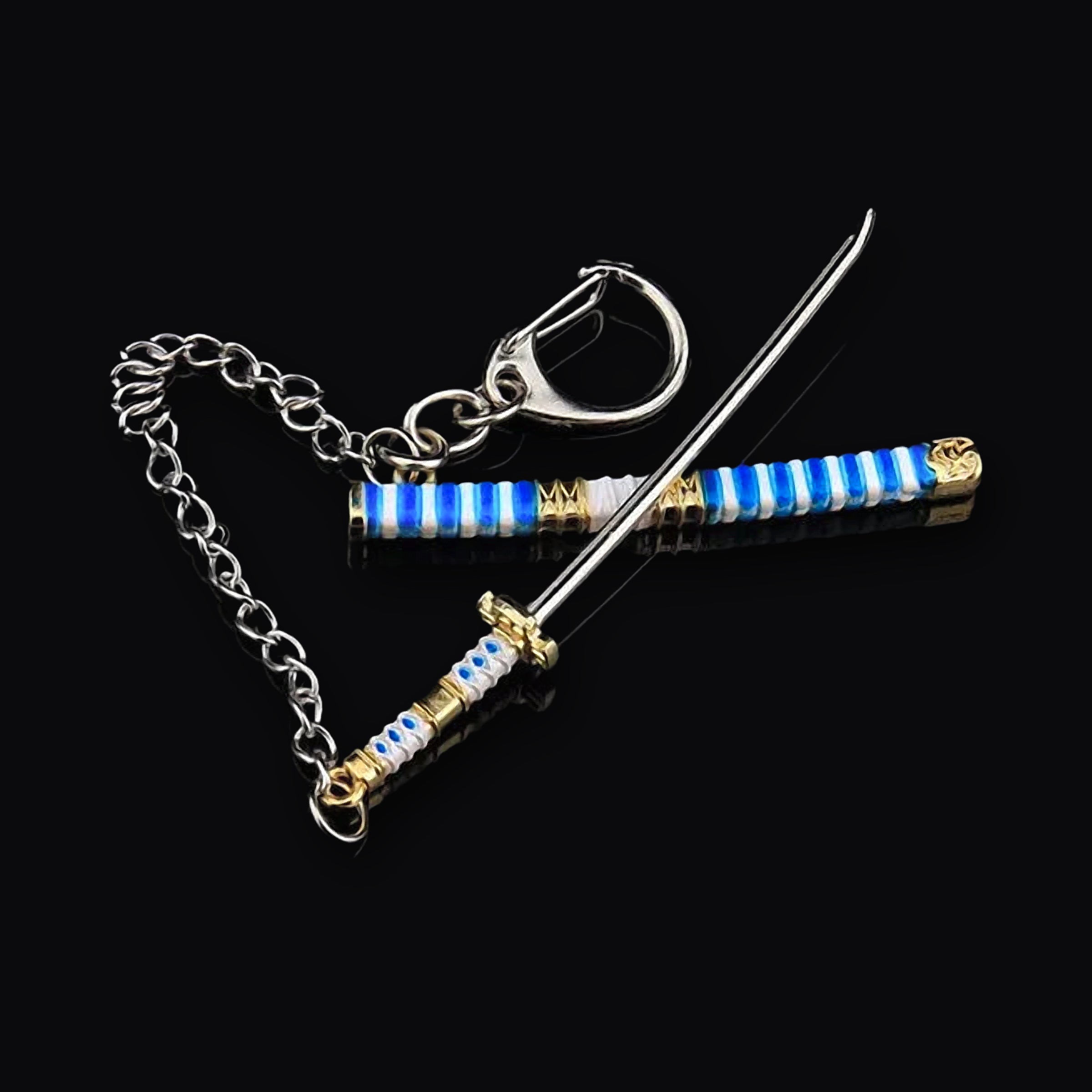 Katana keyring in Blue Stripe with sheath, chain and clasp