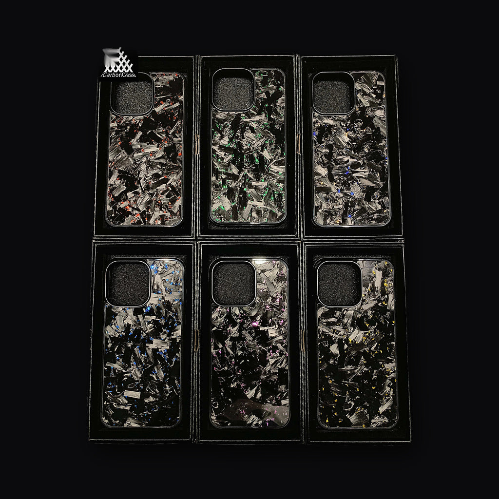 Six forged carbon cases side by side, every pattern different