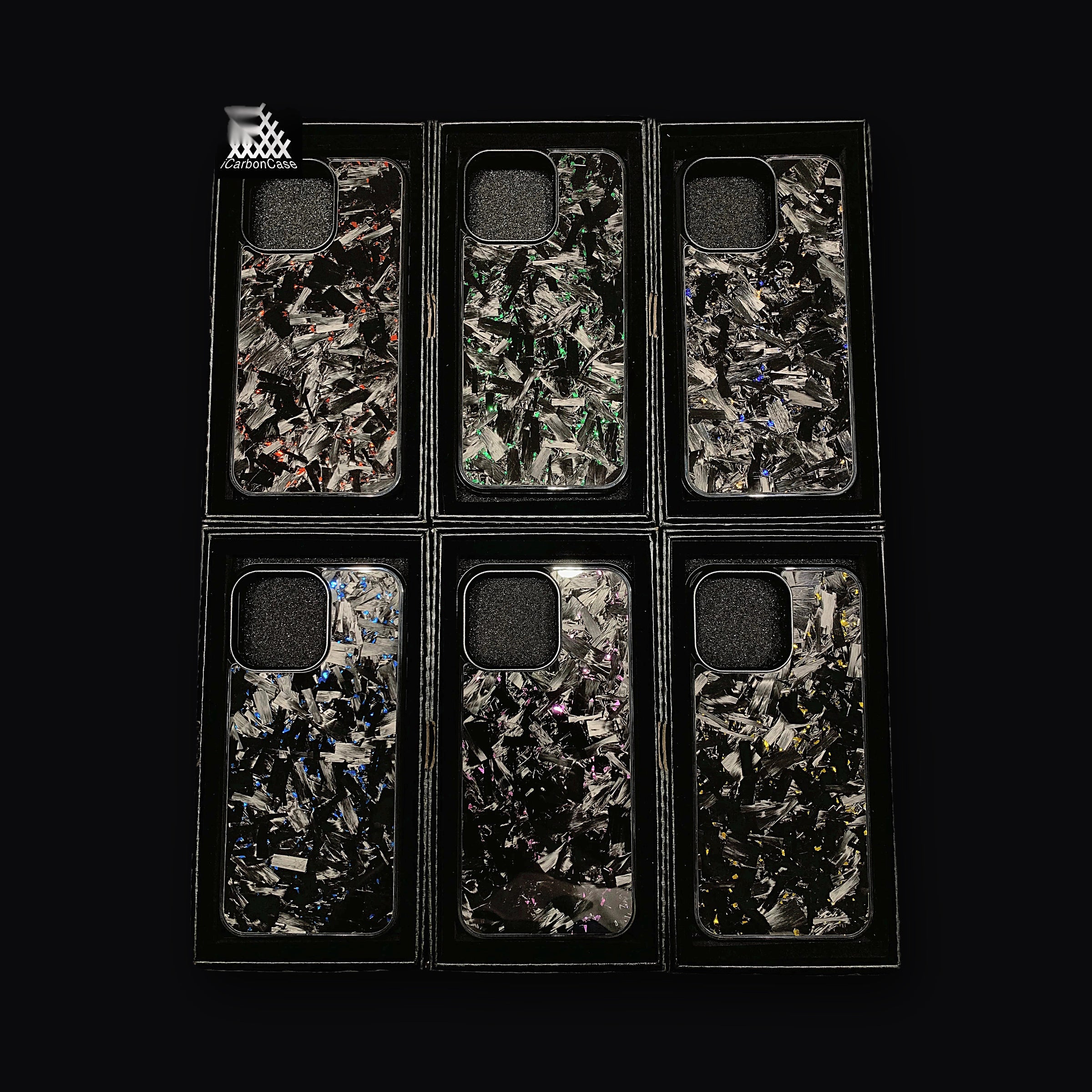Six forged carbon cases side by side, every pattern different