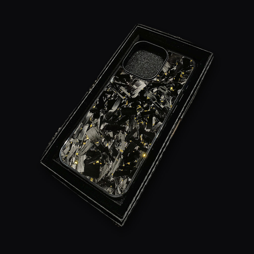 Forged carbon case angled to show the depth of the resin
