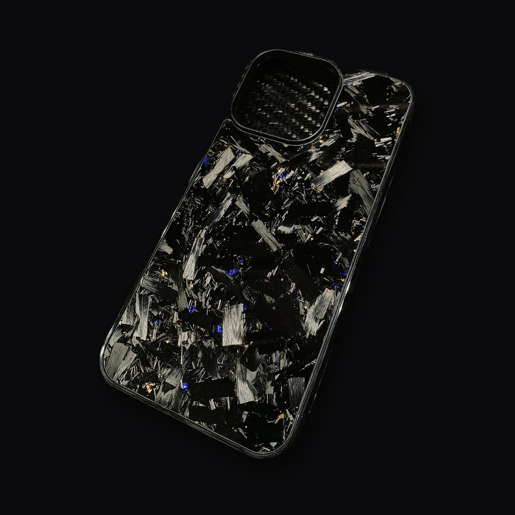 Forged carbon fibre phone case, back view showing the marbled chip pattern