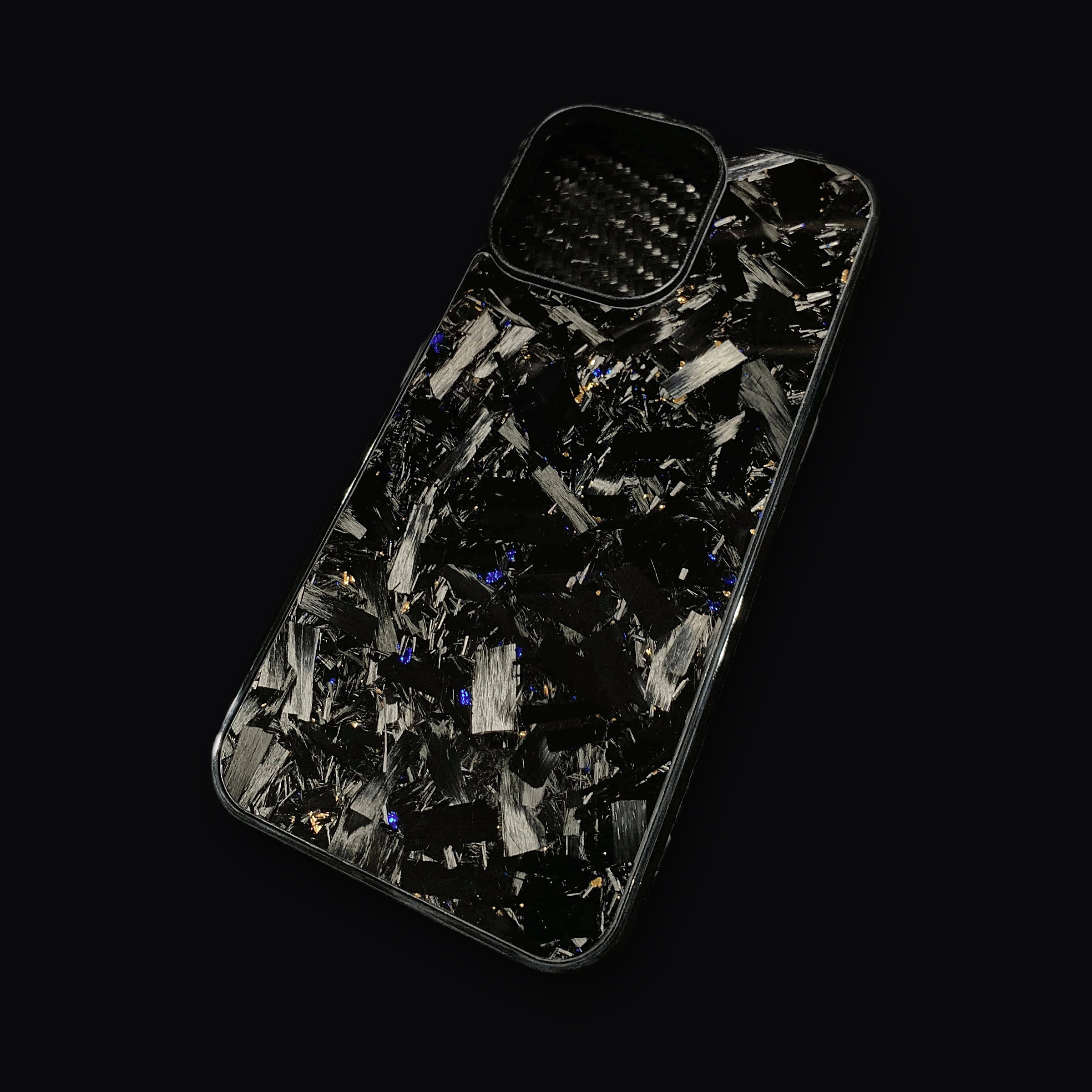 Forged carbon fibre phone case, back view showing the marbled chip pattern