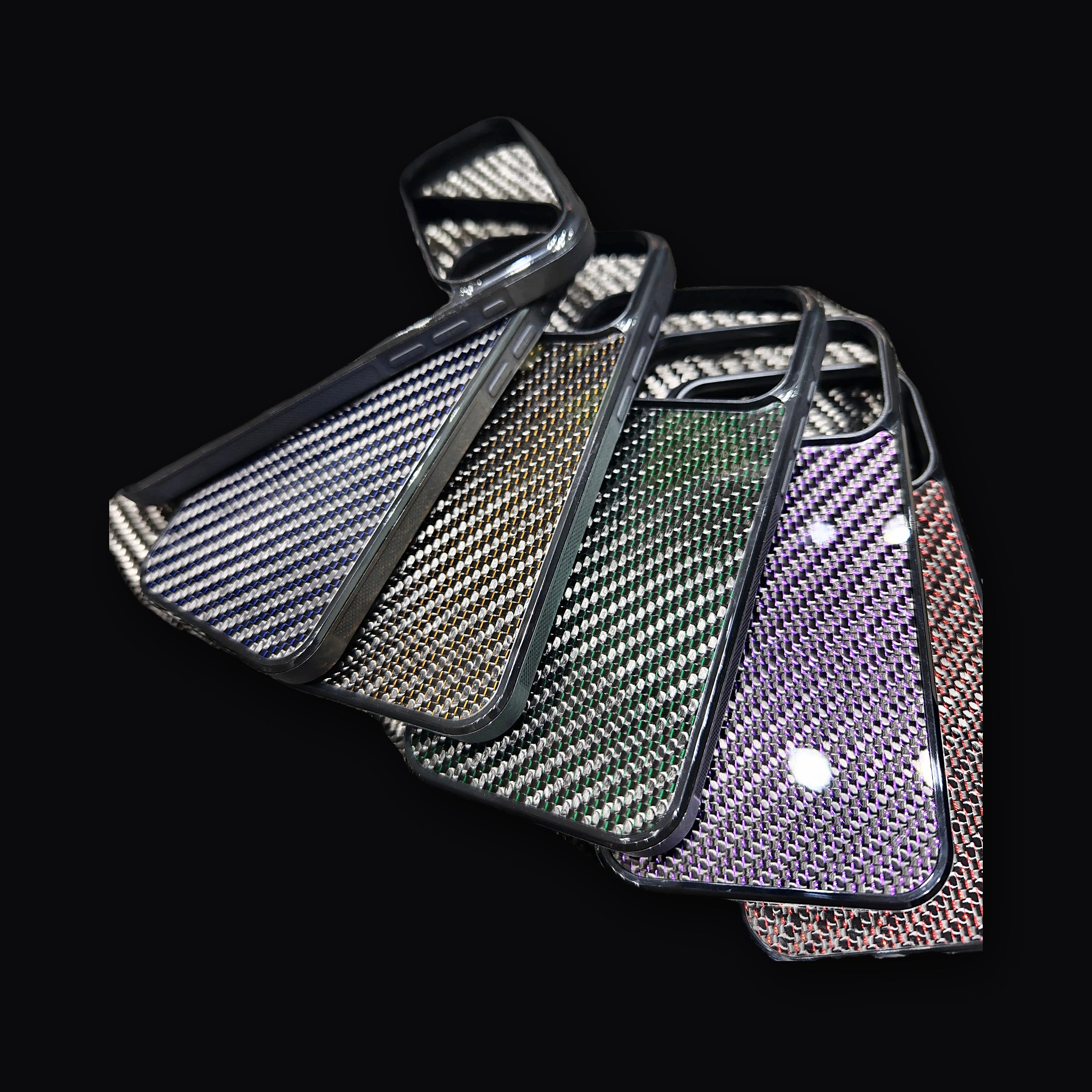 Woven carbon cases fanned out across the colourways