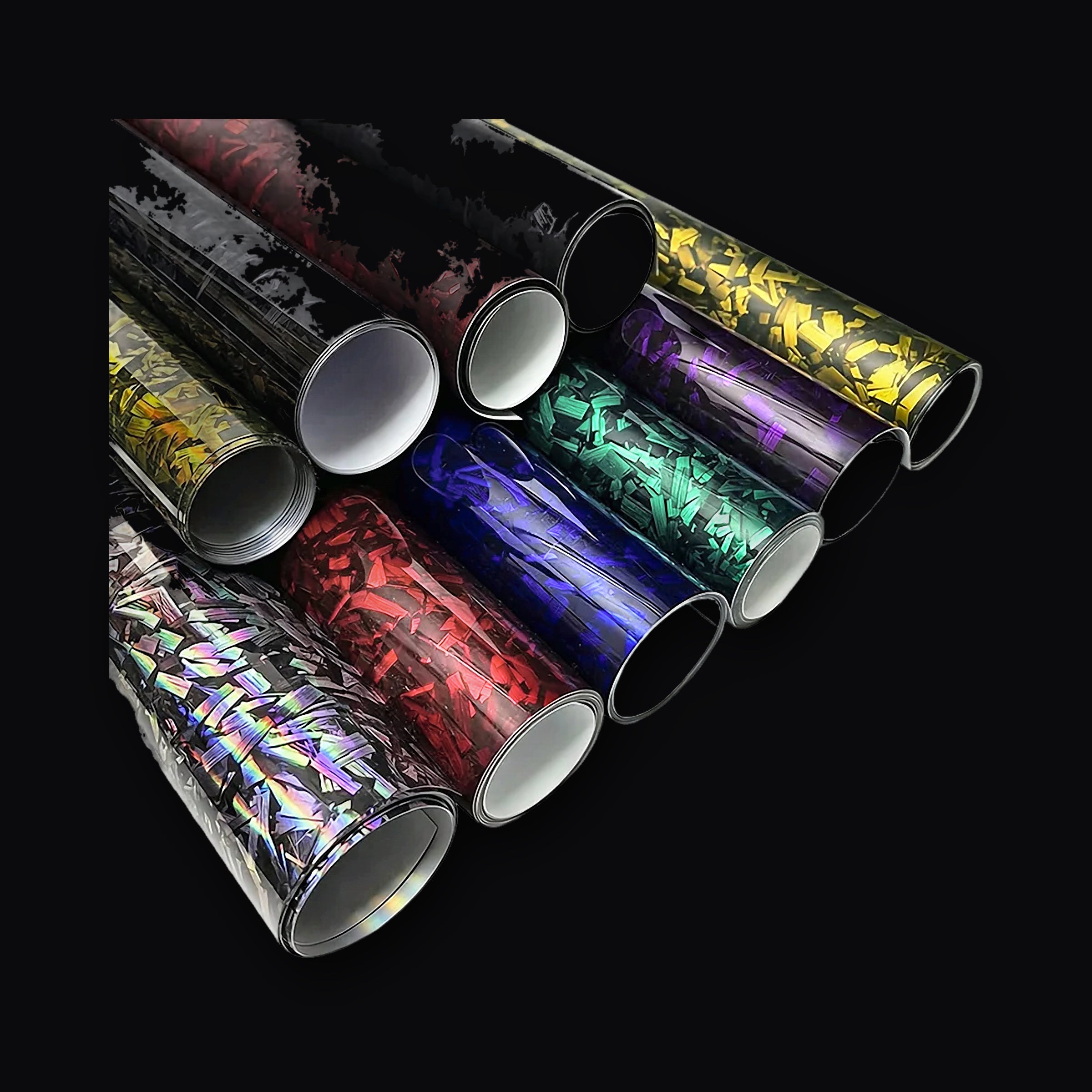 Rolls of forged carbon wrap film across the colour range