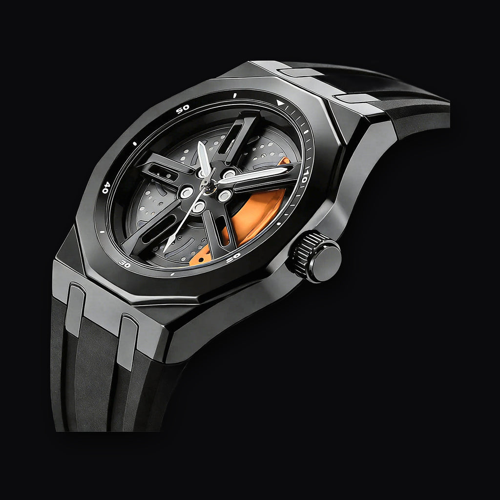 Apex Chrono dial from above showing the five spoke wheel face