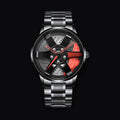 Alloy watch, Red Five Spoke design on black steel bracelet