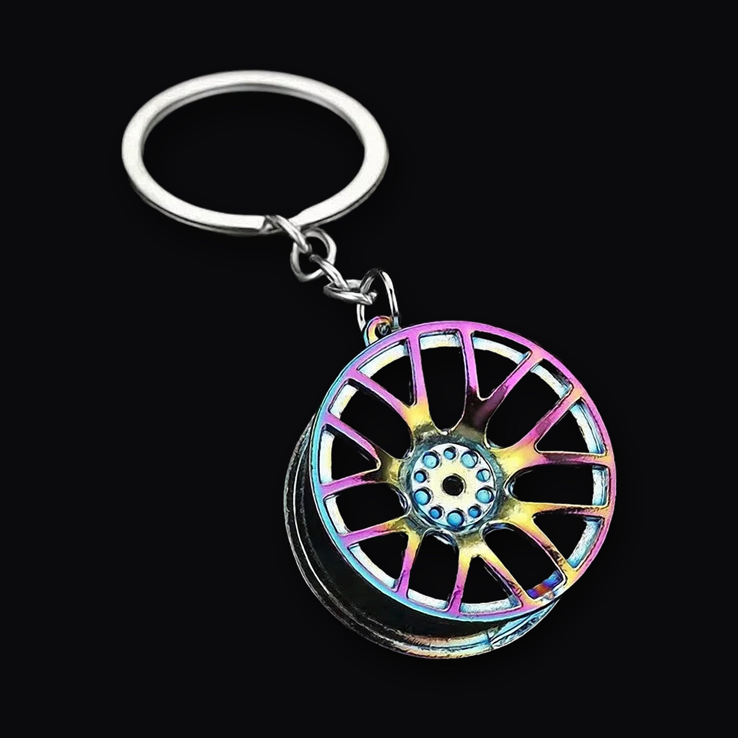 Wheel Keyring, rainbow twin spoke wheel miniature keyring