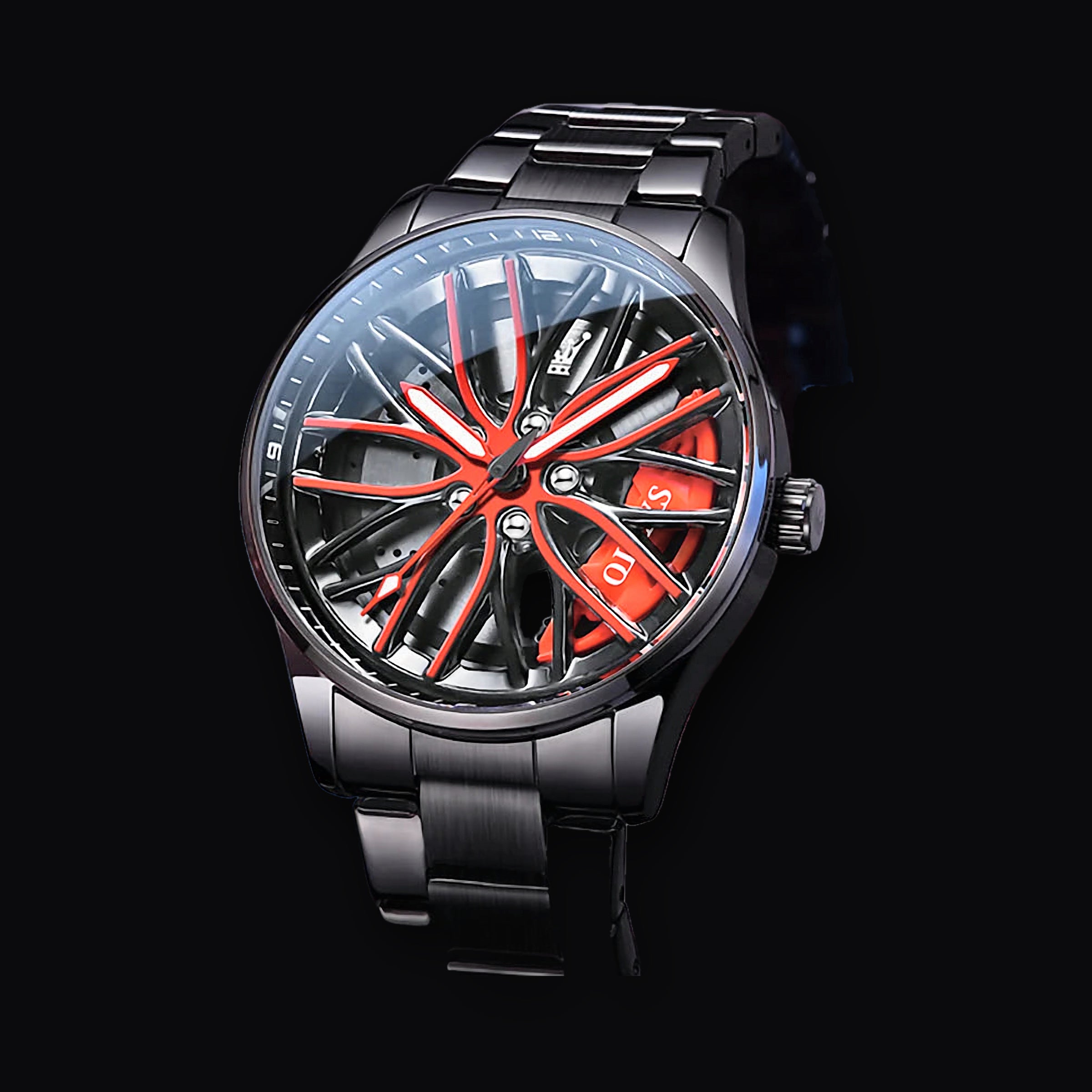 Rotor wheel watch with red spokes, angled view