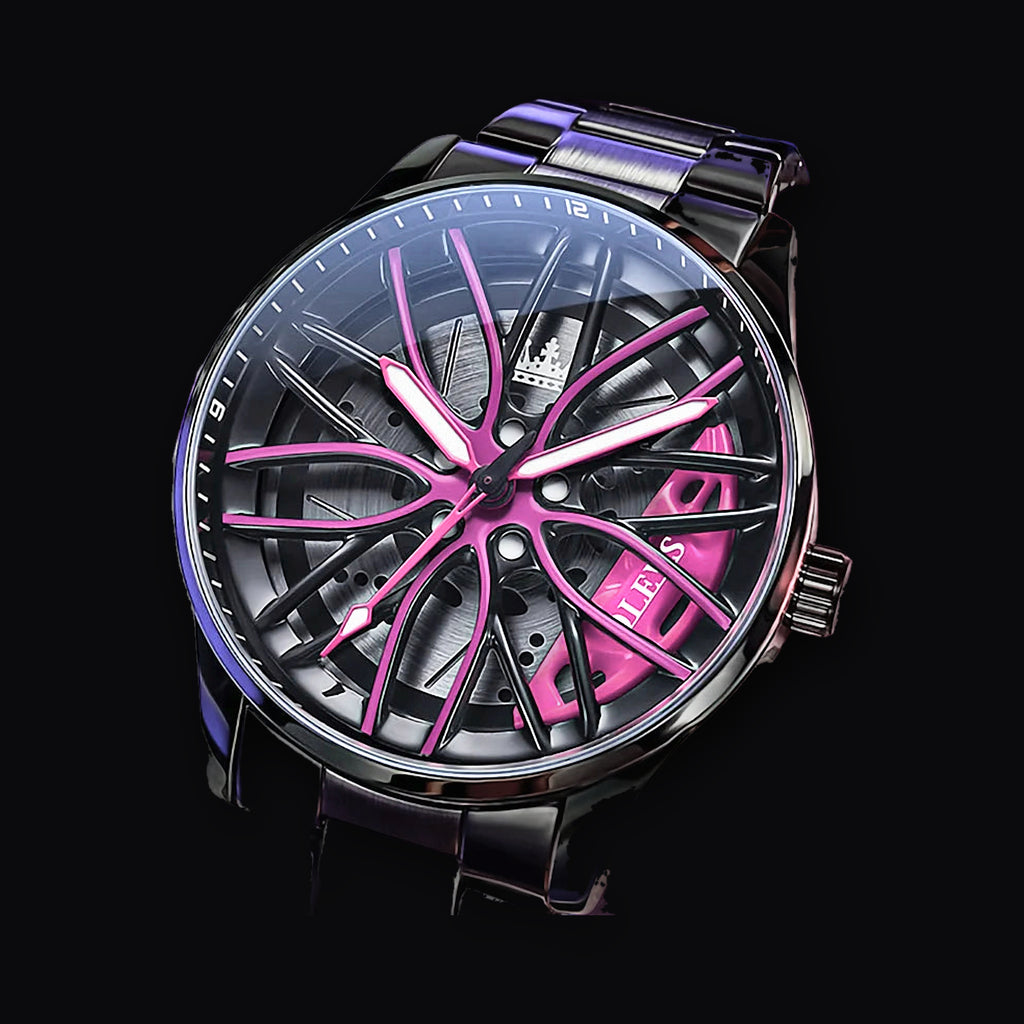 Rotor wheel watch with purple spokes