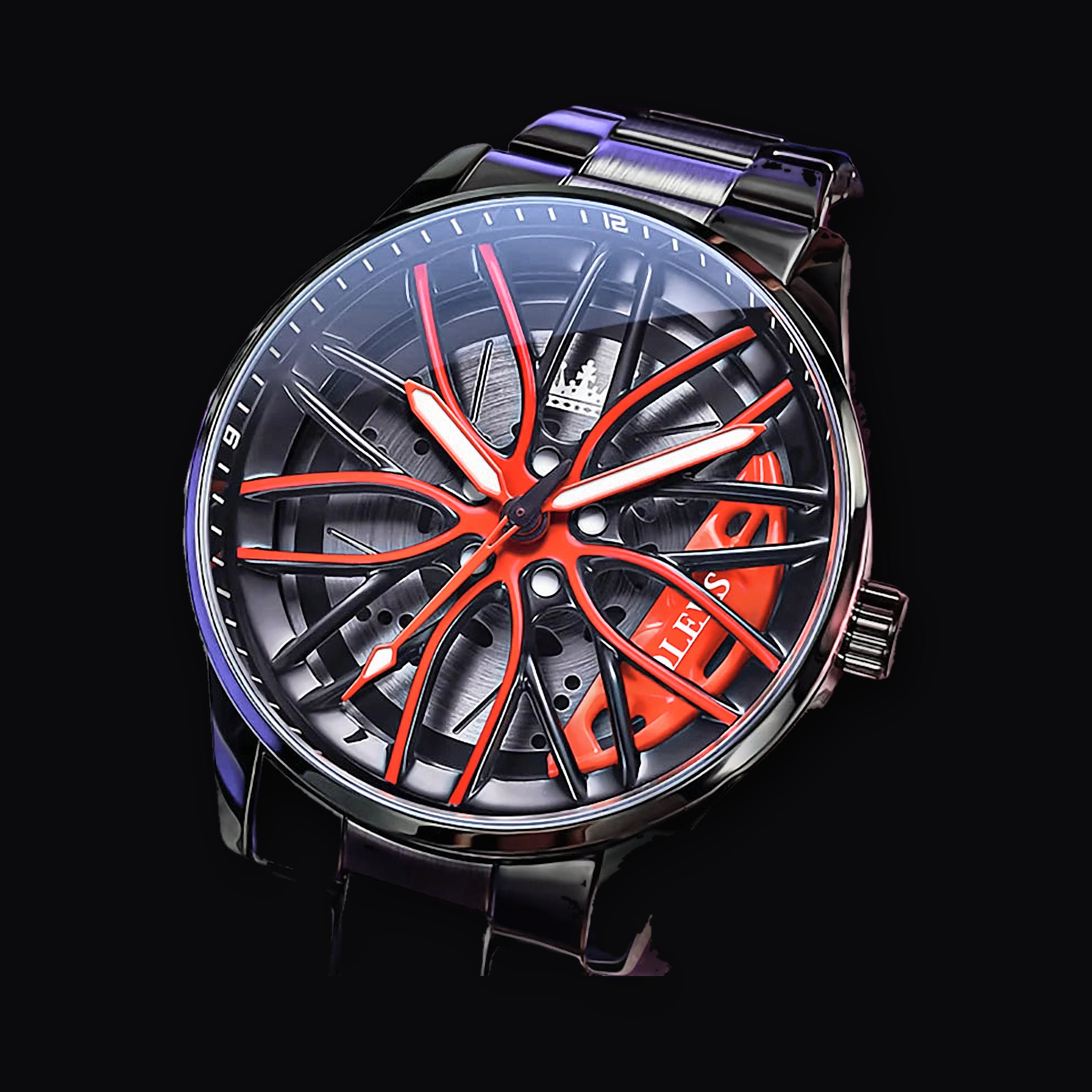 Rotor wheel watch with red spokes