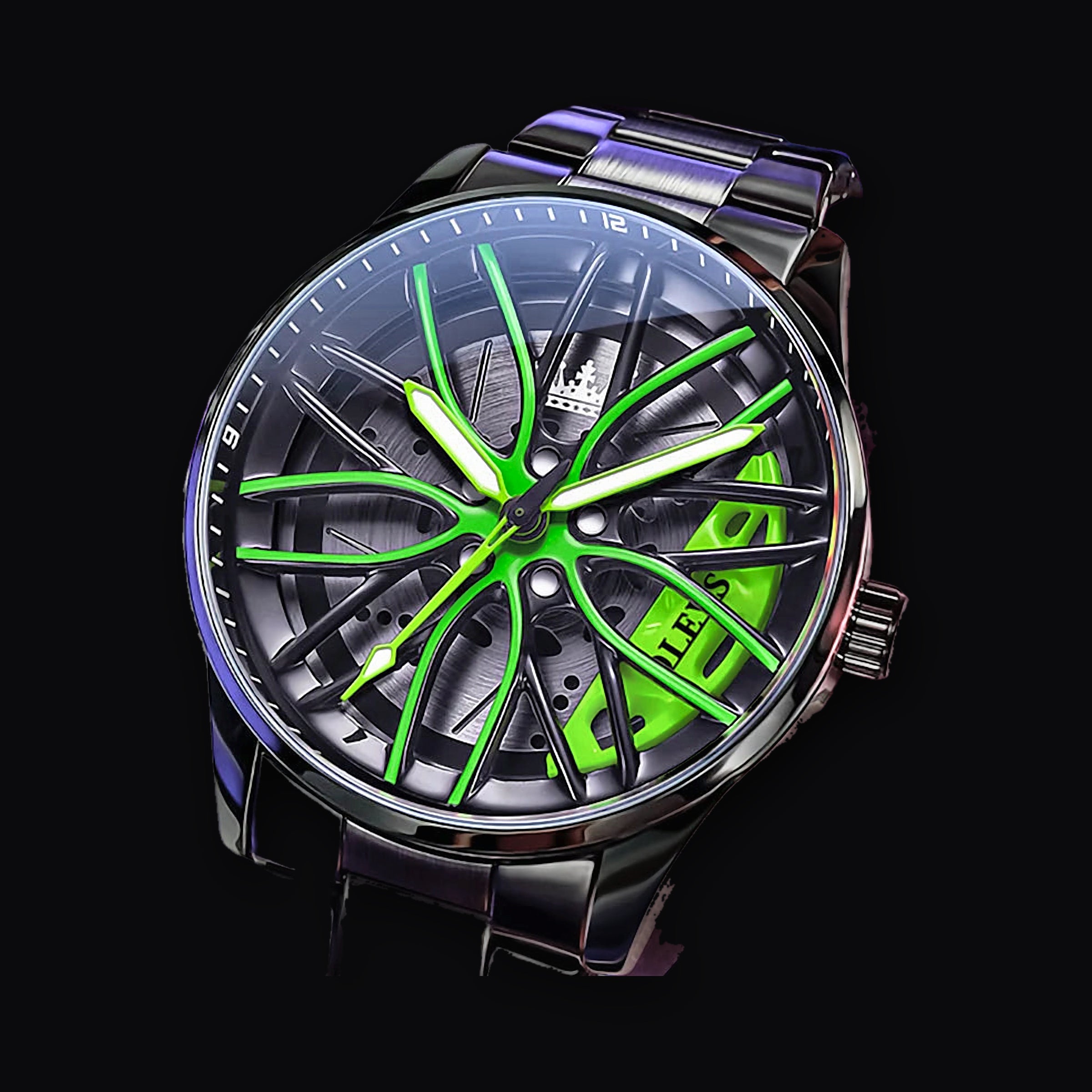 Rotor wheel watch with green spokes