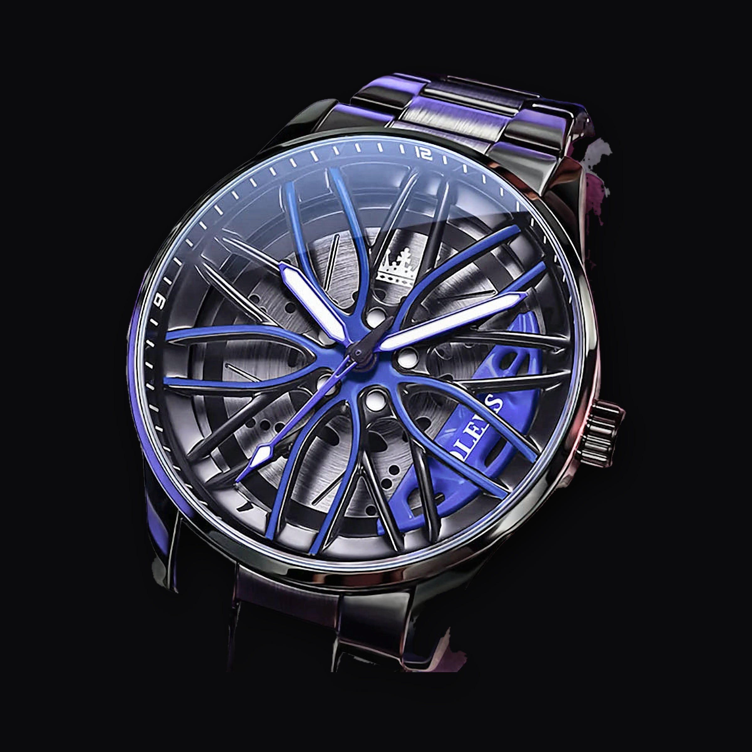 Rotor wheel watch with blue spokes